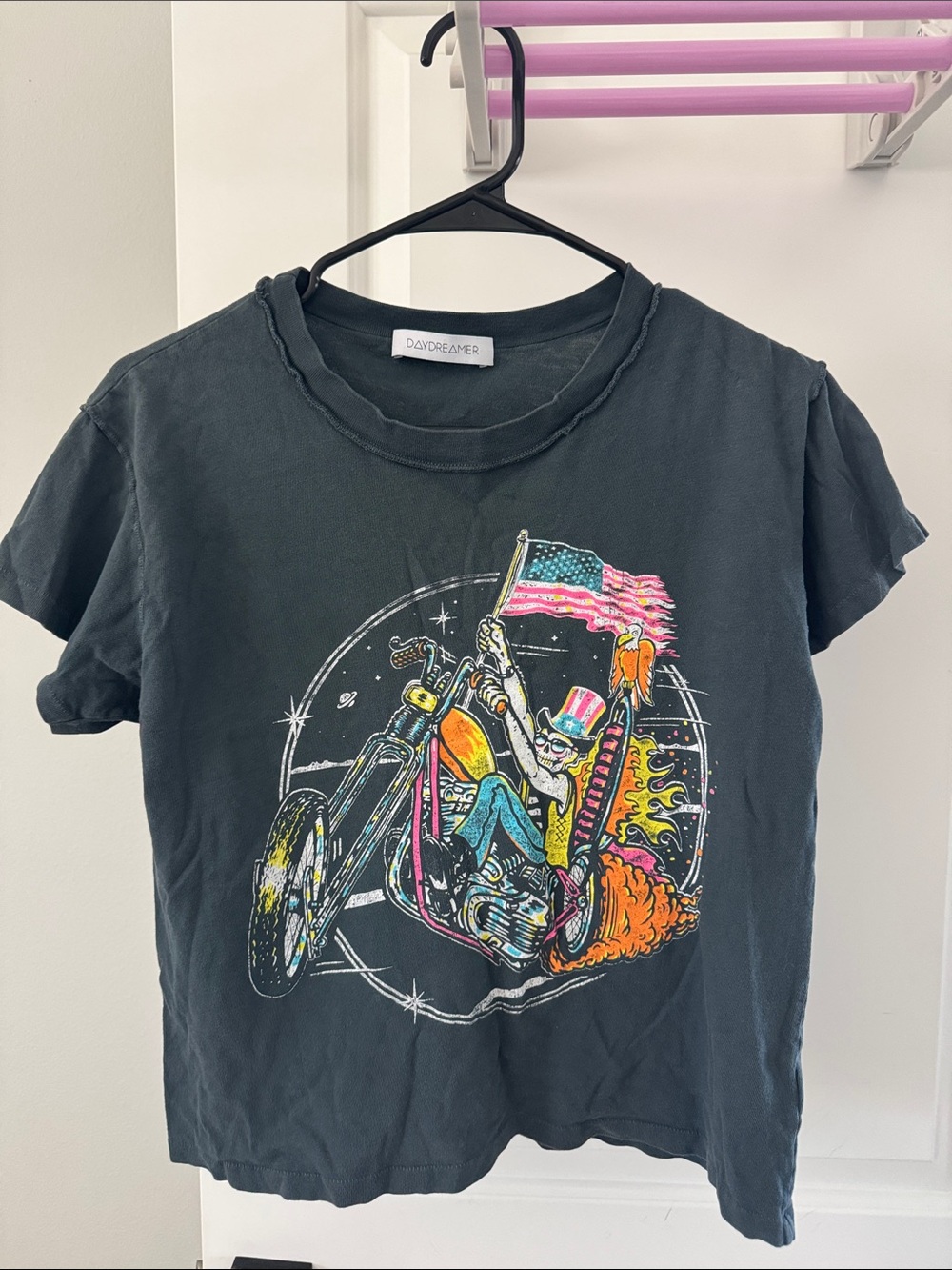 Daydreamer Black Graphic Tee with Colorful Motorcycle Skeleton